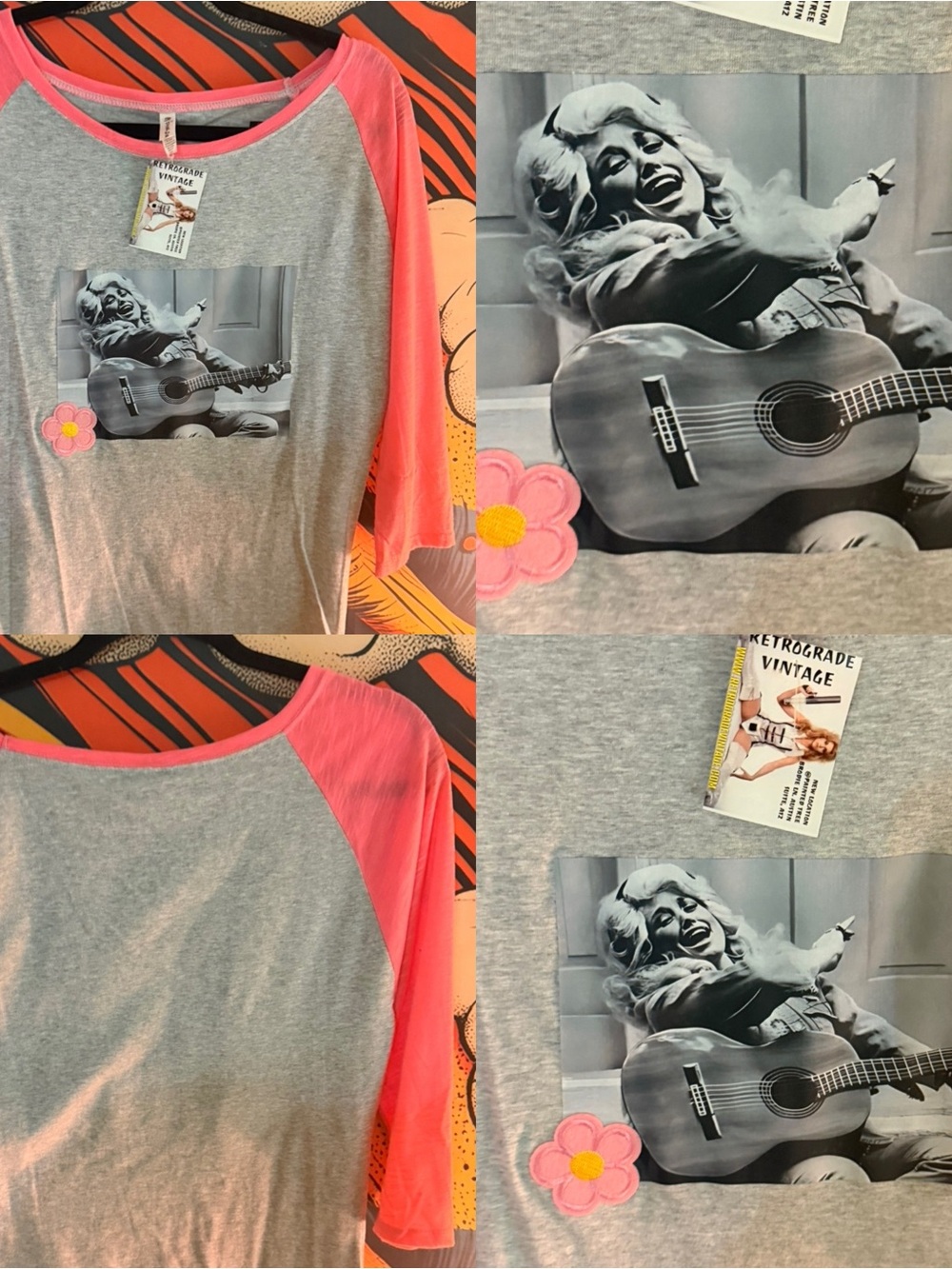 NWT CUSTOM DOLLY PARTON NEON PINK BASEBALL TEE SHIRT MEDIUM GUITAR